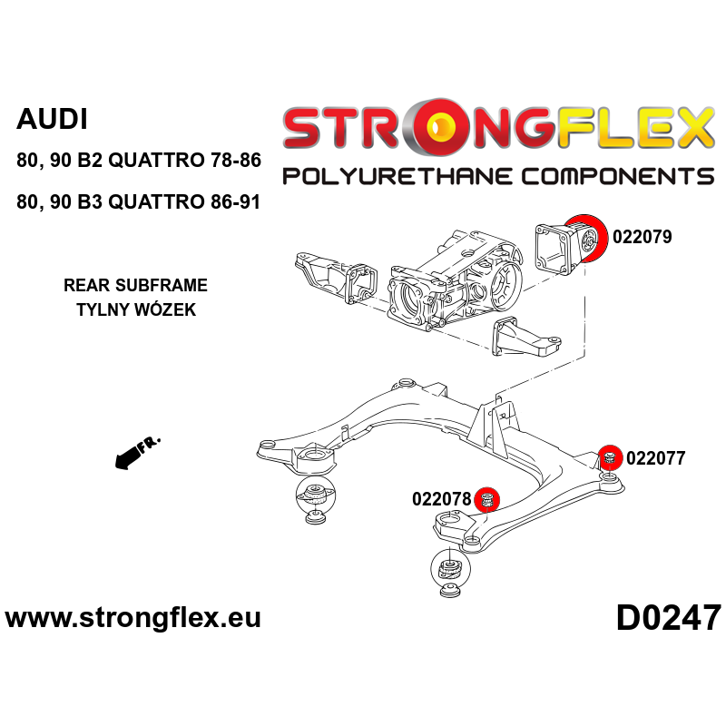 STRONGFLEX|026285A: Subframe bush kit SPORT Audi 80/90 S2 RS2 B2 78-86 FWD Quattro Coupe B3 86-91 B4 91-96 diagram scheme:D0247