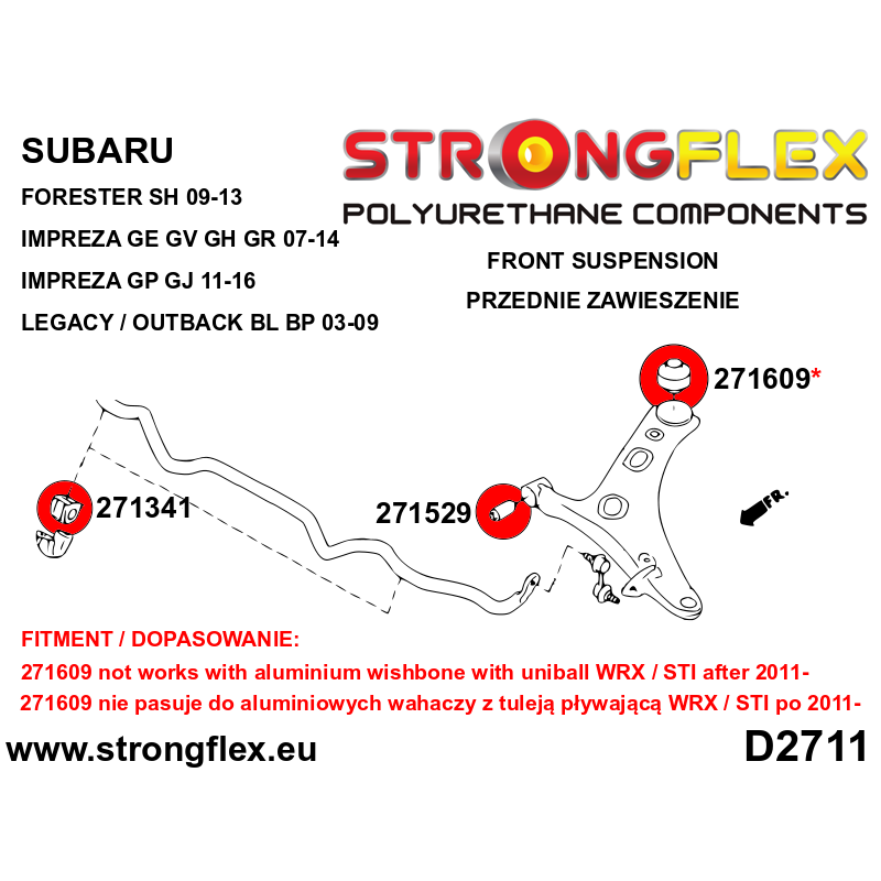 STRONGFLEX|276164A: Front suspension polyurethane bush kit SPORT Subaru Forester III 09-13 SH Impreza diagram scheme:D2711