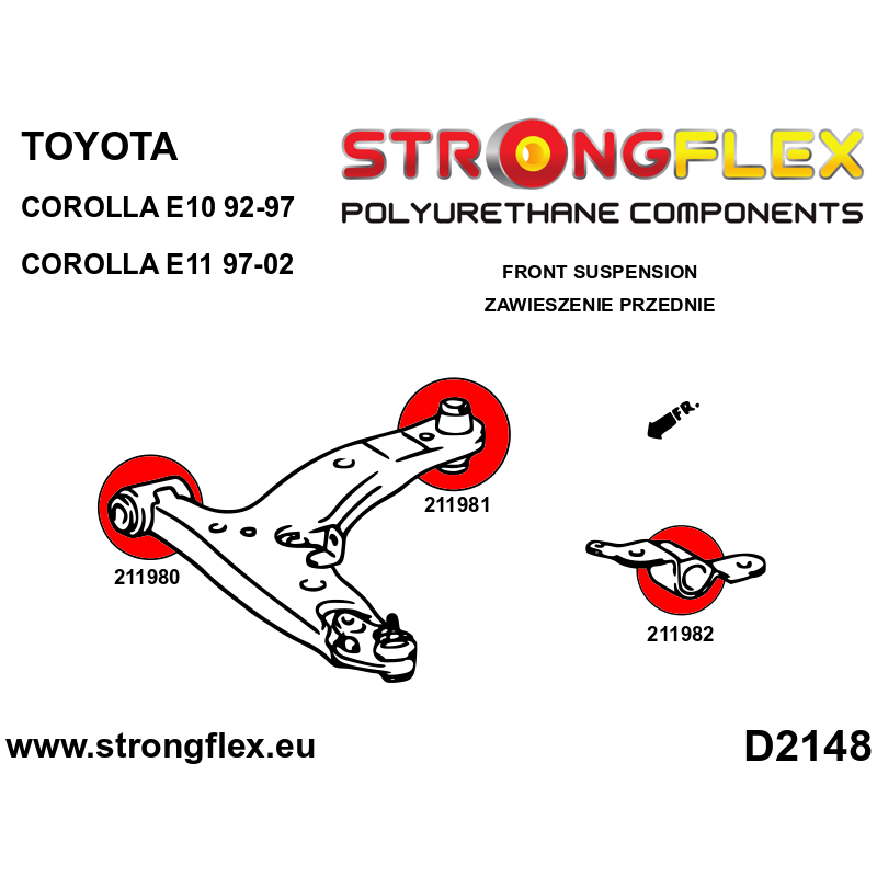 STRONGFLEX|216285A: Komplettes Fahrwerk Buchsen-Kit SPORT Toyota Corolla VIII 97-02 E110 VII 92-97 Diagramm Schema:D2148