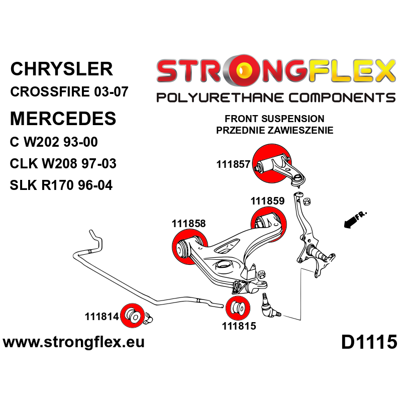 STRONGFLEX|116240A: Polyurethan Buchsensatz für Vorder-und Hinterachse SPORT Mercedes Klasse C W202 Diagramm Schema:D1115