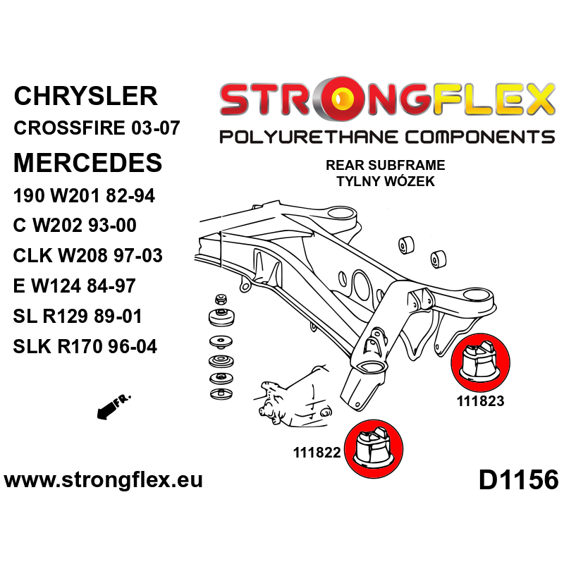 STRONGFLEX|116240A: Polyurethan Buchsensatz für Vorder-und Hinterachse SPORT Mercedes Klasse C W202 Diagramm Schema:D1156