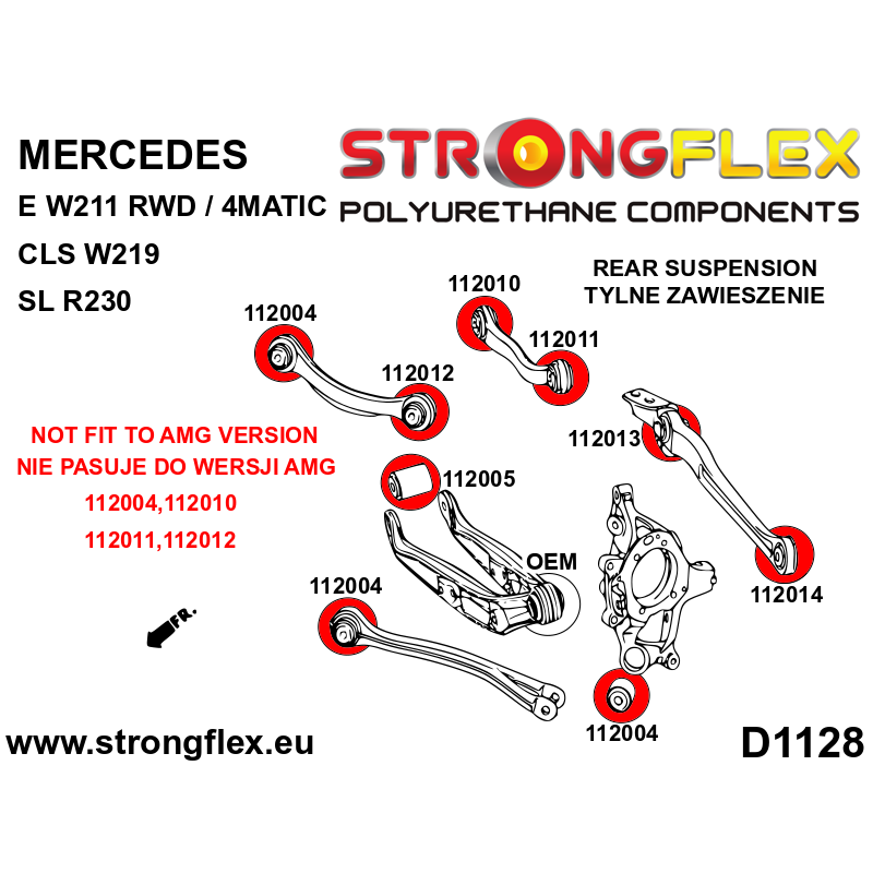 STRONGFLEX|116285A: Komplettes Fahrwerk Buchsen-Kit RWD SPORT Mercedes Klasse E W211 02-09 RWD CLS C219 Diagramm Schema:D1128