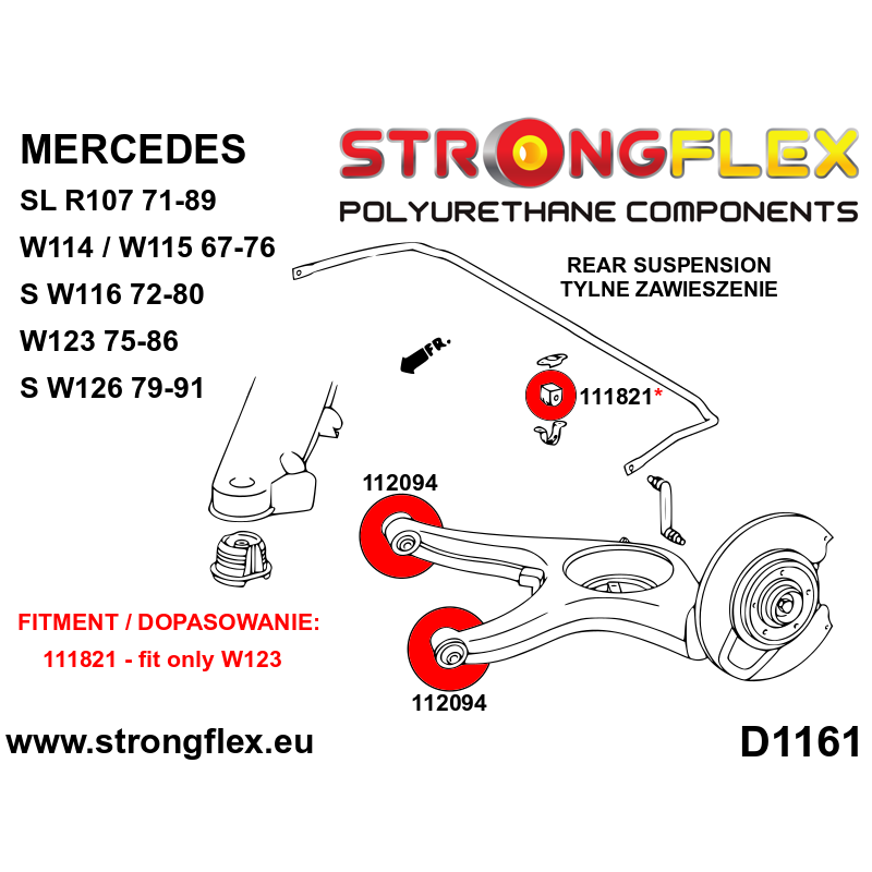 STRONGFLEX|112094A: Tuleja wahacza tylnego SPORT Mercedes W123 76-86 Klasa S W116 72-80 SL R107 71-89 diagram schemat:D1161