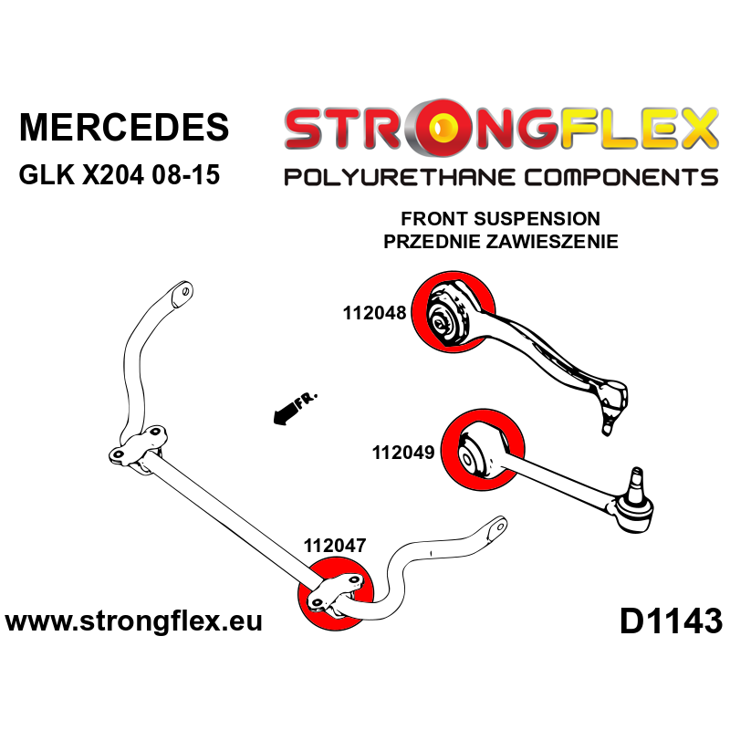 STRONGFLEX|112047A: Tuleja stabilizatora przedniego SPORT Mercedes GLK 08-15 X204 Klasa C W204 07-14 RWD diagram schemat:D1143