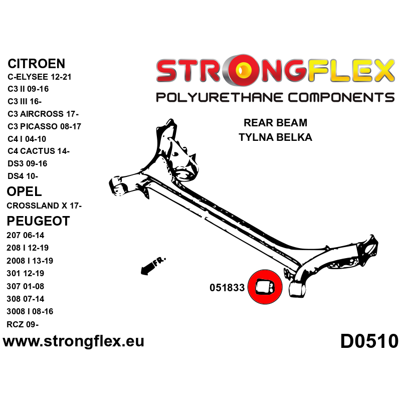 STRONGFLEX|051833A: Tuleja belki tylnej SPORT Citroën C3 II 09-16 SC Peugeot 207 06-12 Picasso 08-17 diagram schemat:D0510