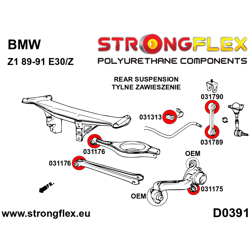 STRONGFLEX|031313A: Rear anti roll bar bush SPORT BMW Seria 3 II 82-91 E30 III 90-99 E36 93-00 Compact 5 diagram scheme:D0391