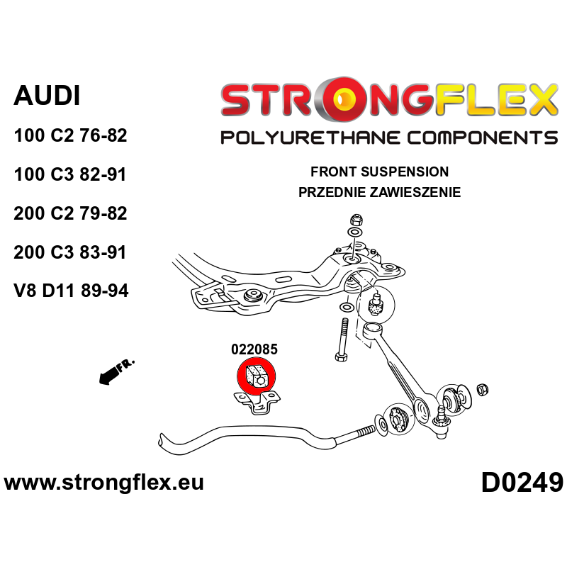 STRONGFLEX|022085B: Front anti roll bar bush Audi V8 D11 89-94 100/S4 C3 82-91 Quattro FWD 200 83-91 C2 diagram scheme:D0249