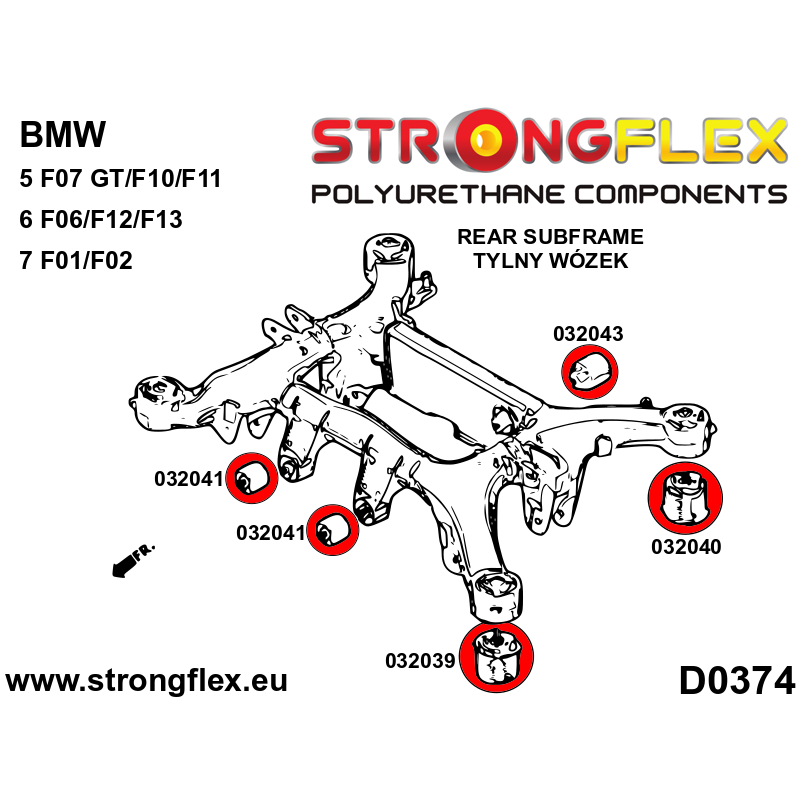 STRONGFLEX|036064A: Full suspension polyurethane bush kit SPORT BMW Seria 5 VI 09-17 F10/F11 F07 10-17 diagram scheme:D0374