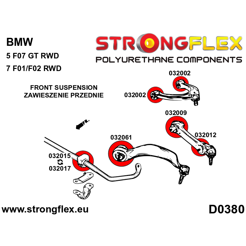 STRONGFLEX|032002A: Tuleja wahacza przedniego górnego SPORT BMW Seria 5 VI 09-17 F10/F11 F07 10-17 Sedan diagram schemat:D0380