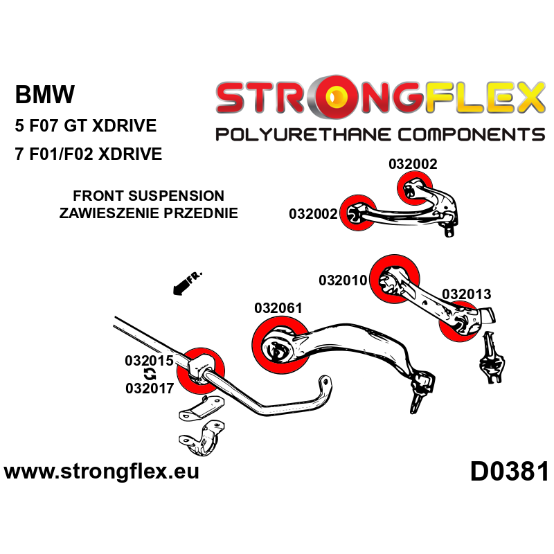 STRONGFLEX|032002A: Tuleja wahacza przedniego górnego SPORT BMW Seria 5 VI 09-17 F10/F11 F07 10-17 Sedan diagram schemat:D0381