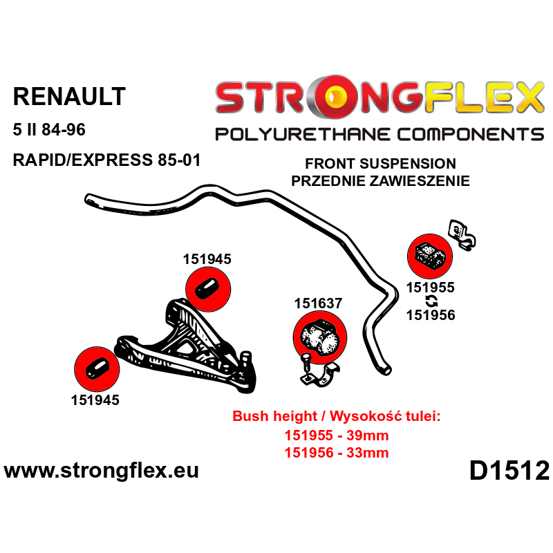 STRONGFLEX|151637A: Buchse vordere Koppelstange SPORT Renault 19 93-01 Rapid/Extra Express 85-02 Scenic I Diagramm Schema:D1512