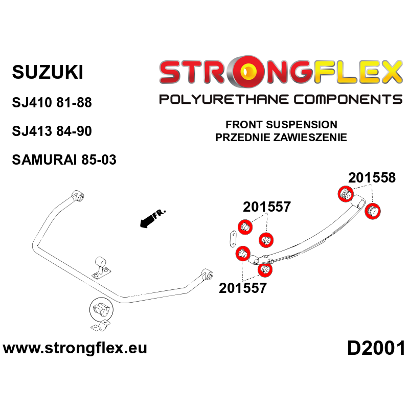 STRONGFLEX|206156A: Blattfederbuchsensatz (Radaufhängung) für Vorder-und Hinterachse SPORT Suzuki Diagramm Schema:D2001