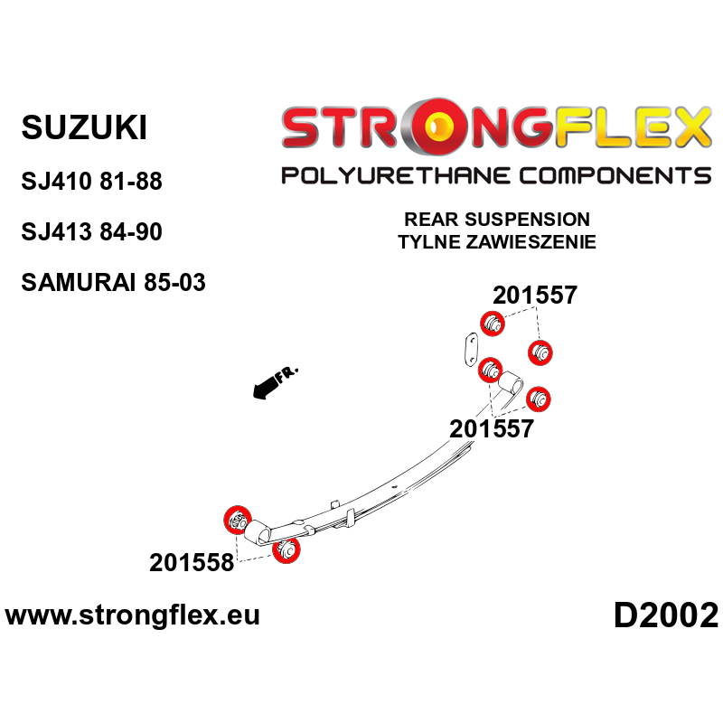 STRONGFLEX|206156A: Blattfederbuchsensatz (Radaufhängung) für Vorder-und Hinterachse SPORT Suzuki Diagramm Schema:D2002