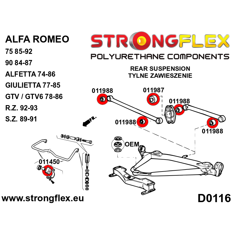 STRONGFLEX|011988A: Hinterlenkerbuchse SPORT Alfa Romeo 75/Milano 85-92 type 161 162B 90 84-87 162 Alfetta 74-86 116 Giulietta