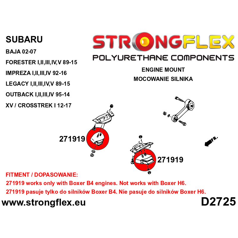 STRONGFLEX|271919B: Engine mount Subaru Forester I 97-02 SF II 02-08 SG III 09-13 SH Impreza 92-00 GM GC GF 00-07 GD GG 07-14