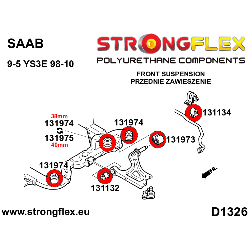 STRONGFLEX|131973A: Front control arm – rear bush 62mm SPORT Saab 9-5 I 97-10 YS3E