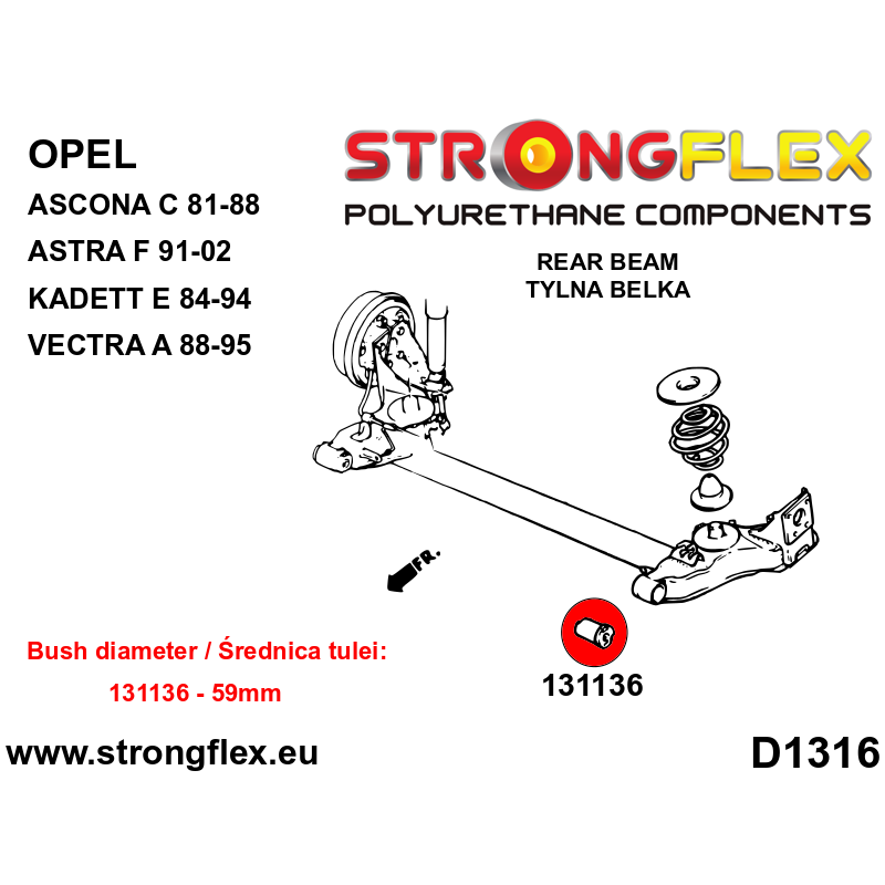 STRONGFLEX|131136A: Hinterstrahl-Montagebuchse 59mm SPORT Opel/Vauxhall Ascona C 81-88 Astra F 91-98 Kadett E 84-95 Vectra