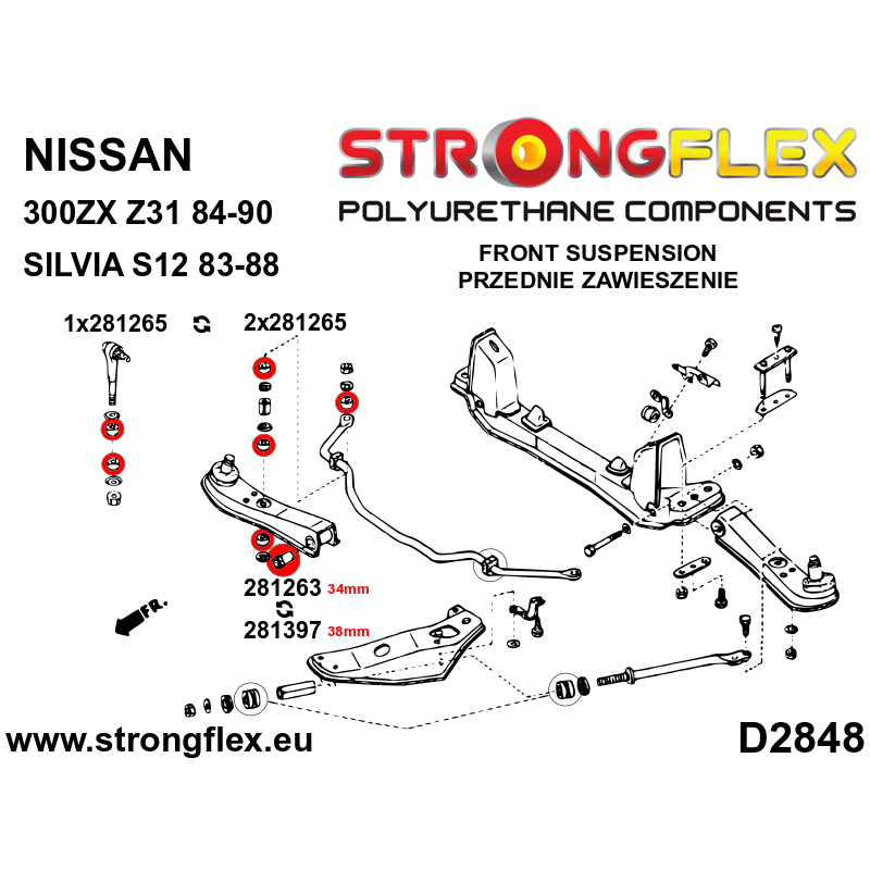 STRONGFLEX|281263A: Tuleja wahacza przedniego dolnego 34mm SPORT Nissan S-chassis 180SX/200SX 240SX Silvia V 88-98 S13 VI 94-99