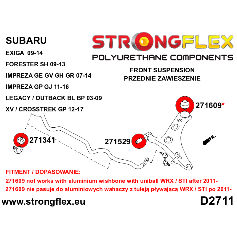 STRONGFLEX|276164B: Front suspension polyurethane bush kit Subaru Forester III 09-13 SH Impreza 07-14 GE GV GH GR IV 11-16 GP