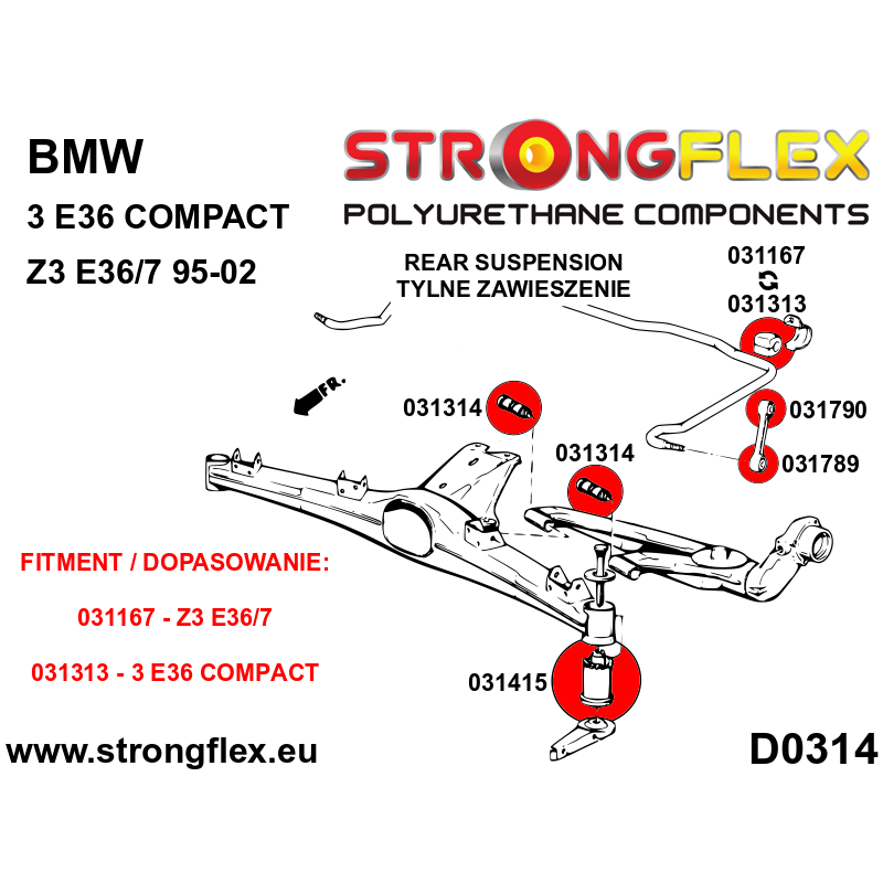 STRONGFLEX|031314B: Hinterachse Achsschwinge Buchse BMW Serie 3 I 75-82 E21 II 82-91 E30 III 90-99 E36 93-00 Compact 5 81-88