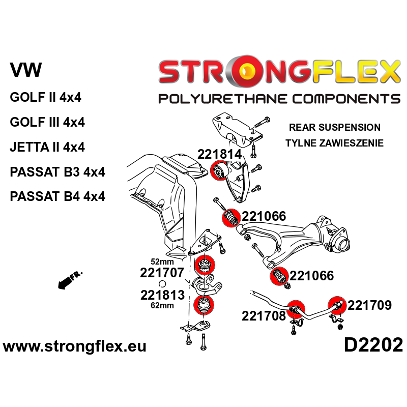 STRONGFLEX|221813B: Buchse Hinterachsträger Aufhängung, Tonnenlager 62mm Volkswagen Golf III 91-99 1H/1E 91-02 Syncro 4x4