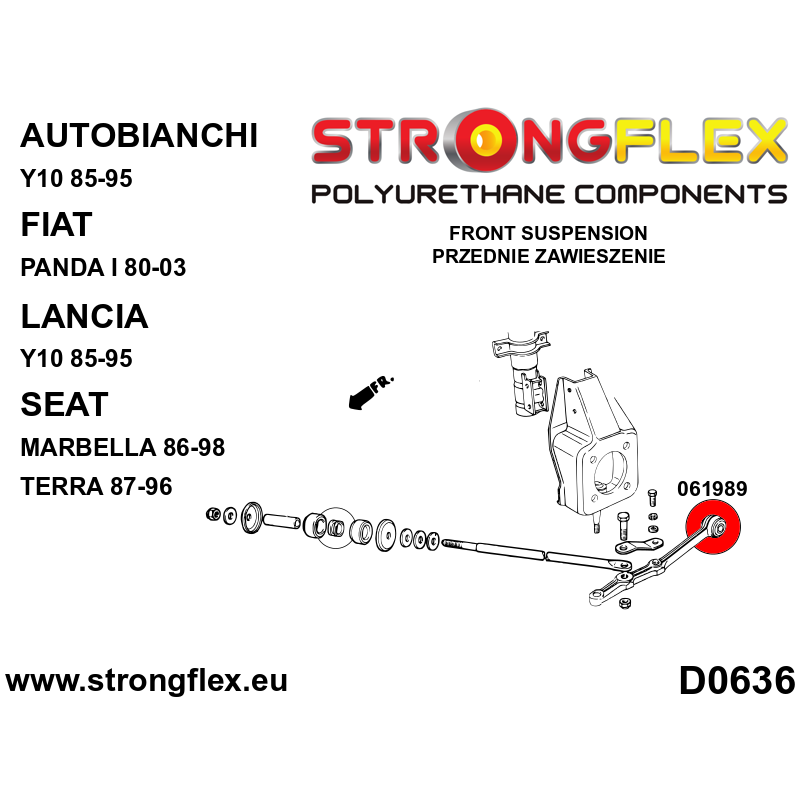 STRONGFLEX|061989B: Front wishbone bush - inner Autobianchi Y10 85-95 Fiat Panda I 80-03 Lancia Y/Ypsilon Seat Marbella 86-98