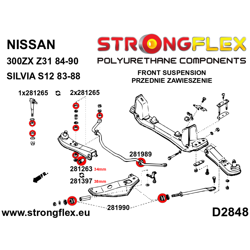 STRONGFLEX|281989B: Vordere Stabilisatorbuchse Nissan 300ZX I 84-90 Z31 S-chassis 180SX/200SX 240SX Silvia IV 83-88 S12