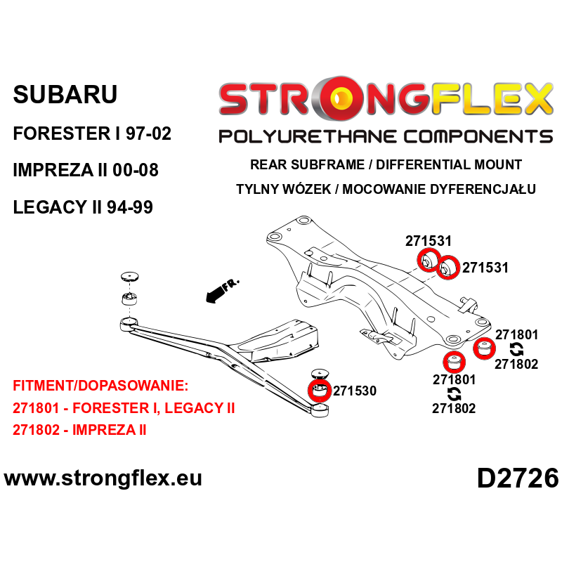 STRONGFLEX|271802A: Rear crossmember bush SPORT Saab 9-2X 04-06 Subaru Impreza II 00-07 GD GG