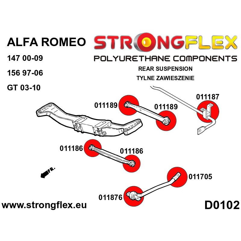 STRONGFLEX|011876A: Tuleja wahacza tylnego wleczonego - przednia SPORT Alfa Romeo 147 00-10 type 937 156 97-07 932 GT 03-10