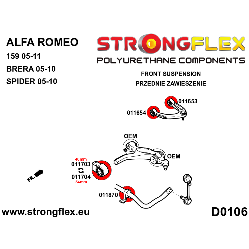 STRONGFLEX|011703A: Tuleja wahacza przedniego dolnego tylna 46mm SPORT Alfa Romeo 159 05-11 type 939 Brera 05-10 Spider