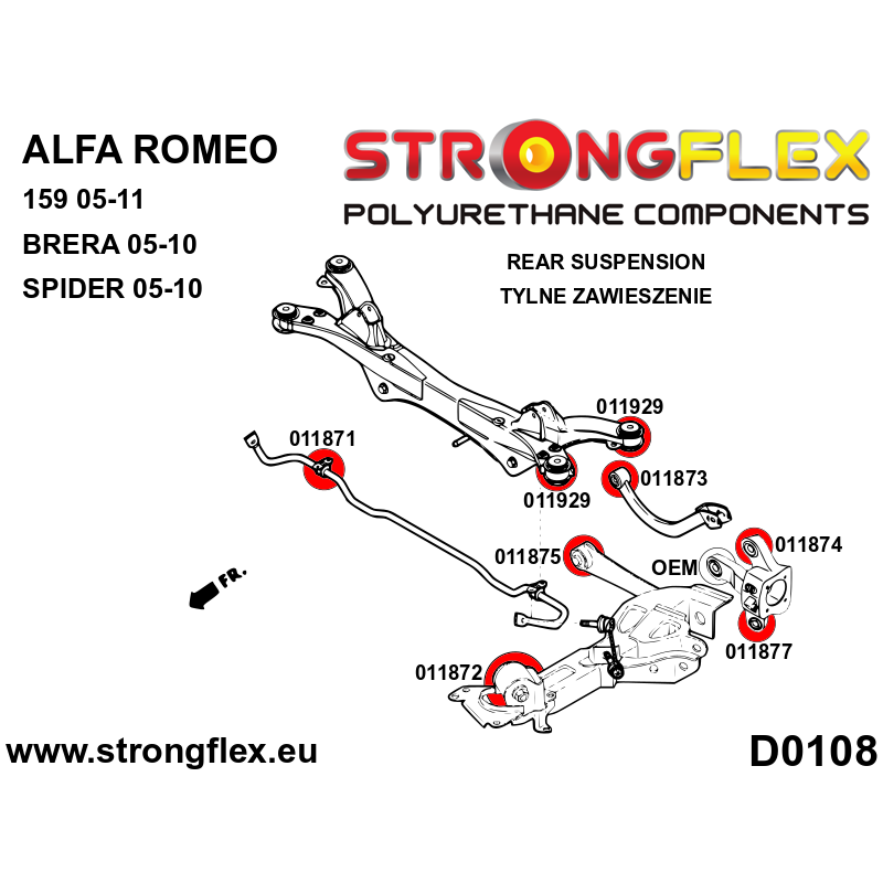 STRONGFLEX|011872A: Tuleja wahacza tylnego wleczonego - przednia SPORT Alfa Romeo 159 05-11 type 939 Brera 05-10 Spider