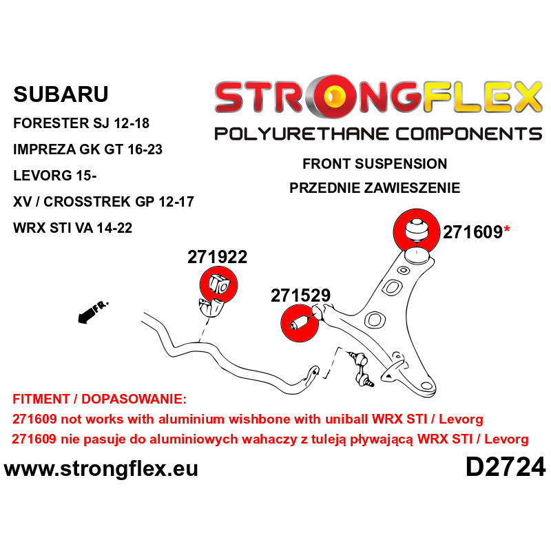 STRONGFLEX|276250B: Front suspension bush kit Subaru Forester IV 12-18 SJ Levorg 14-20 VM XV/Crosstrek I 12-17 GP WRX STI 14-22