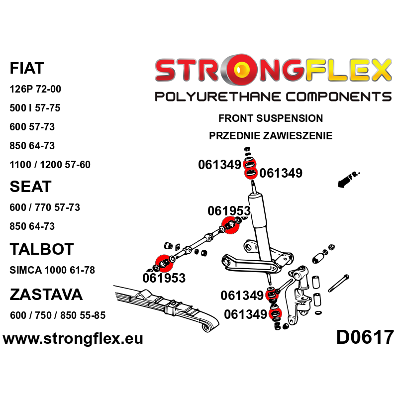 STRONGFLEX|061953A: Tuleja wahacza przedniego - wewnętrzna SPORT Fiat 126P 72-00 600 55-69 850 64-73 1100/1200 57-60 Seat 770