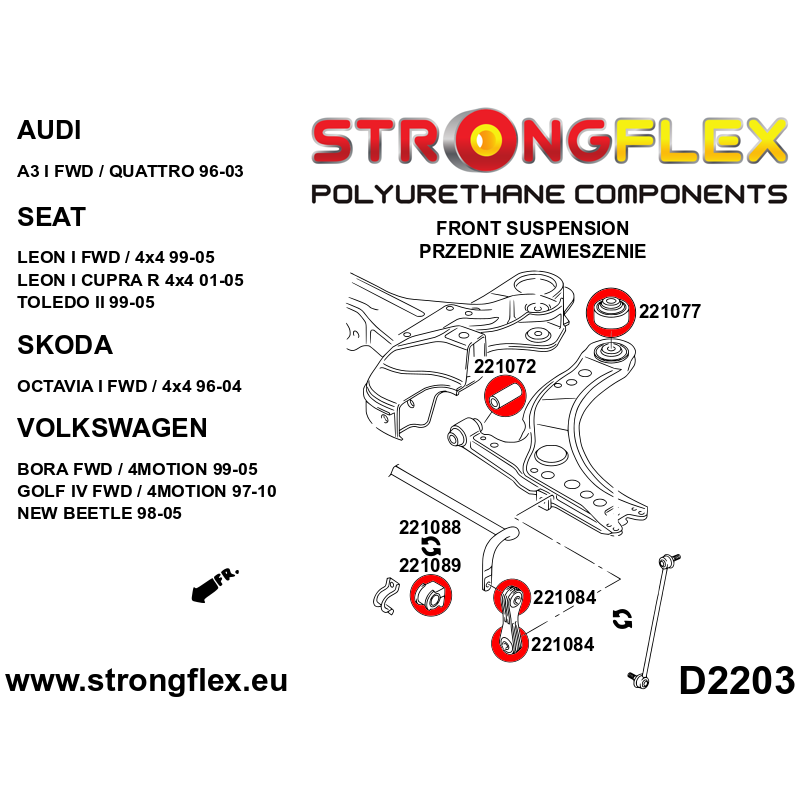 STRONGFLEX|226018A: Front suspension bush kit SPORT Audi A3/S3 RS3 I 96-03 8L FWD Quattro Seat Leon 99-06 1M 99-05 4x4 Toledo