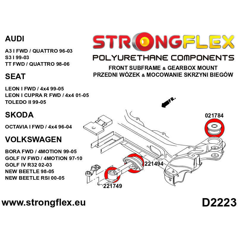 STRONGFLEX|021784B: Front subframe bush Audi A3/S3 RS3 I 96-03 8L FWD 99-03 Quattro TT TTS TTRS 8N 99-06 Seat Leon 1M 99-05 4x4