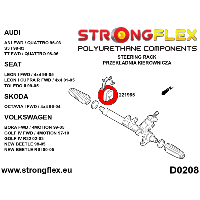 STRONGFLEX|221965A: Tuleja przekładni kierowniczej SPORT Audi A3/S3 RS3 I 96-03 8L FWD 99-03 Quattro TT TTS TTRS 8N 99-06 Seat