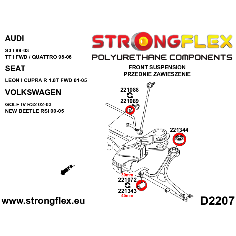 STRONGFLEX|221089B: Front anti roll bar bush Audi A3/S3 RS3 I 96-03 8L FWD 99-03 Quattro TT TTS TTRS 8N 99-06 Seat Leon 1M