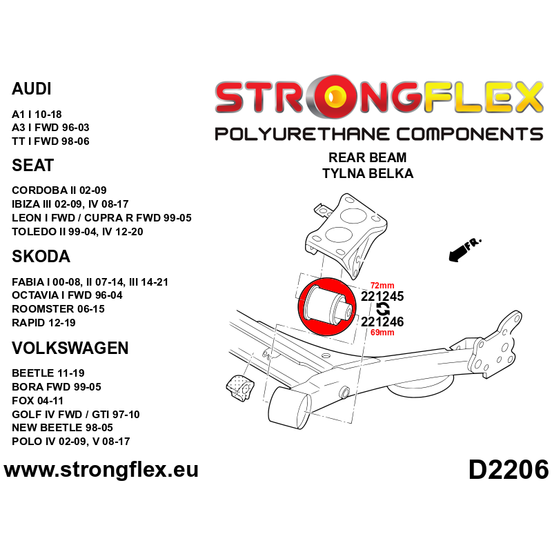 STRONGFLEX|221246A:  Heckbalkenbuchse 69mm SPORT Audi A3/S3 RS3 I 96-03 8L FWD TT TTS TTRS 8N 99-06 A1 S1 10-18 8X Seat Ibiza