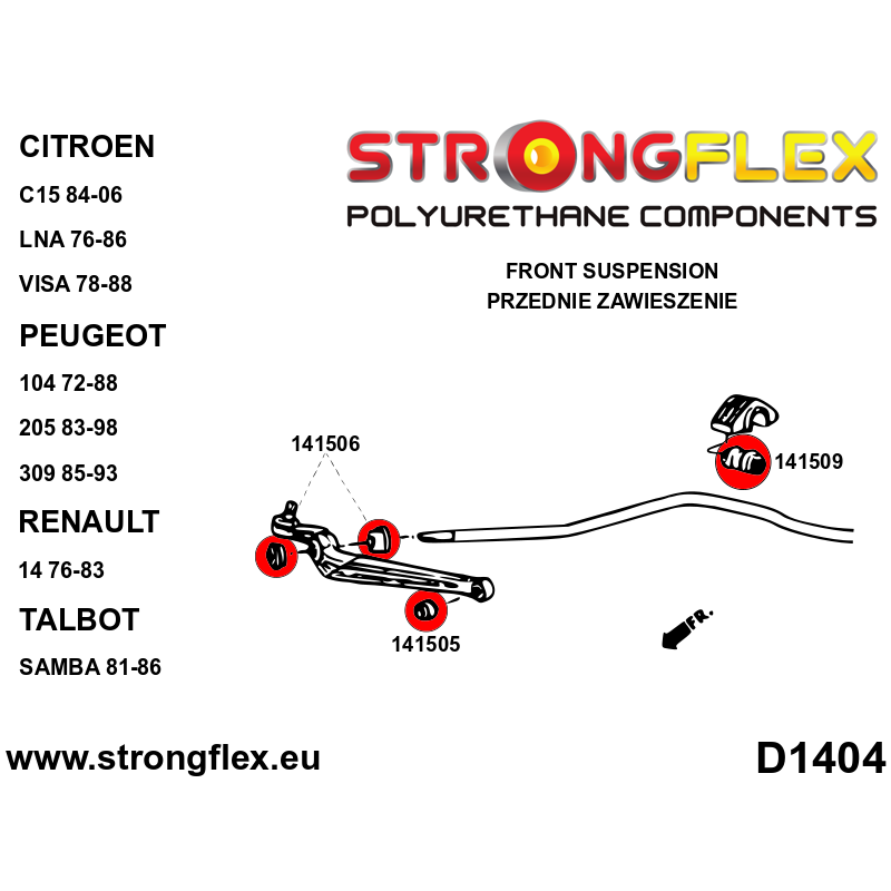 STRONGFLEX|146104B: Vorderachsbuchsen und hinteren Träger Satz Peugeot 309 85-93 205 83-98