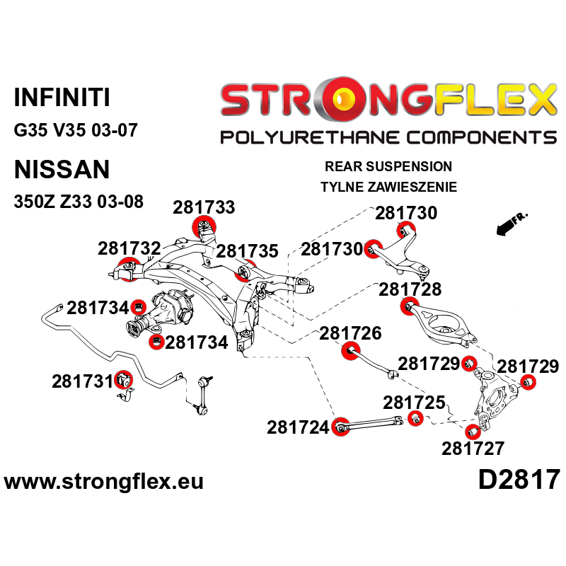 STRONGFLEX|286199A: Kompletny zestaw tulei zawieszenia SPORT Nissan 350Z 02-08 Z33 Infiniti G III G35 02-07 V35