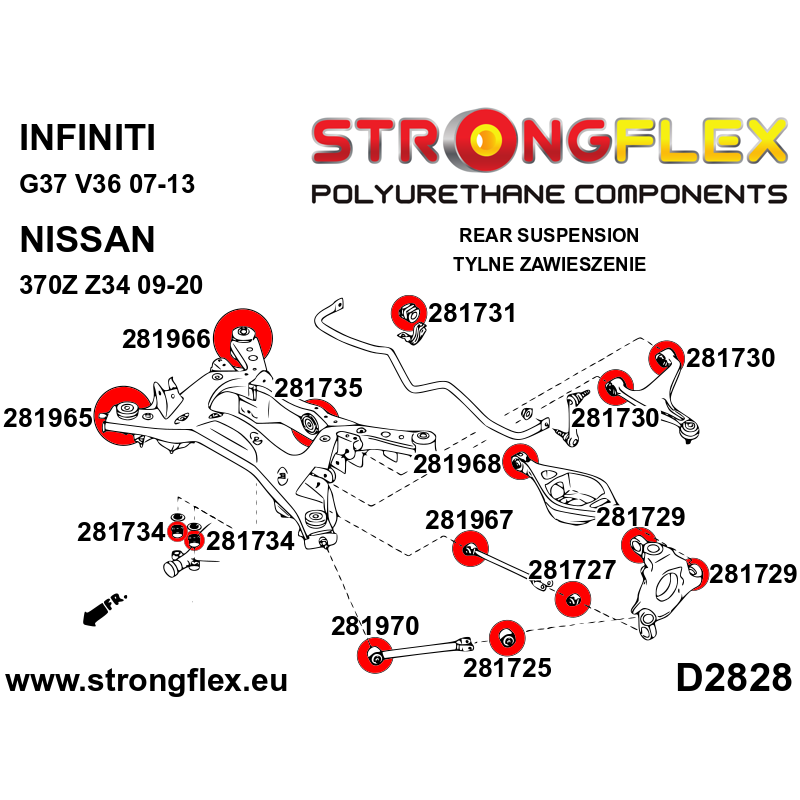 STRONGFLEX|281970B: Tuleja wahacza tylnego wleczonego przednia Nissan 370Z 09-20 Z34 Infiniti G IV G25/G35 G37 Q40 Q60 07-15