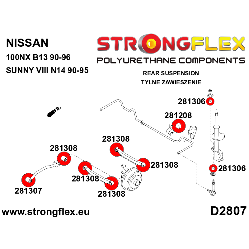 STRONGFLEX|286100B: Polyurethan Buchsensatz Hinterachse Nissan 100NX 90-96 B13 Sunny/Pulsar Sentra Sabre VIII 90-95 N14