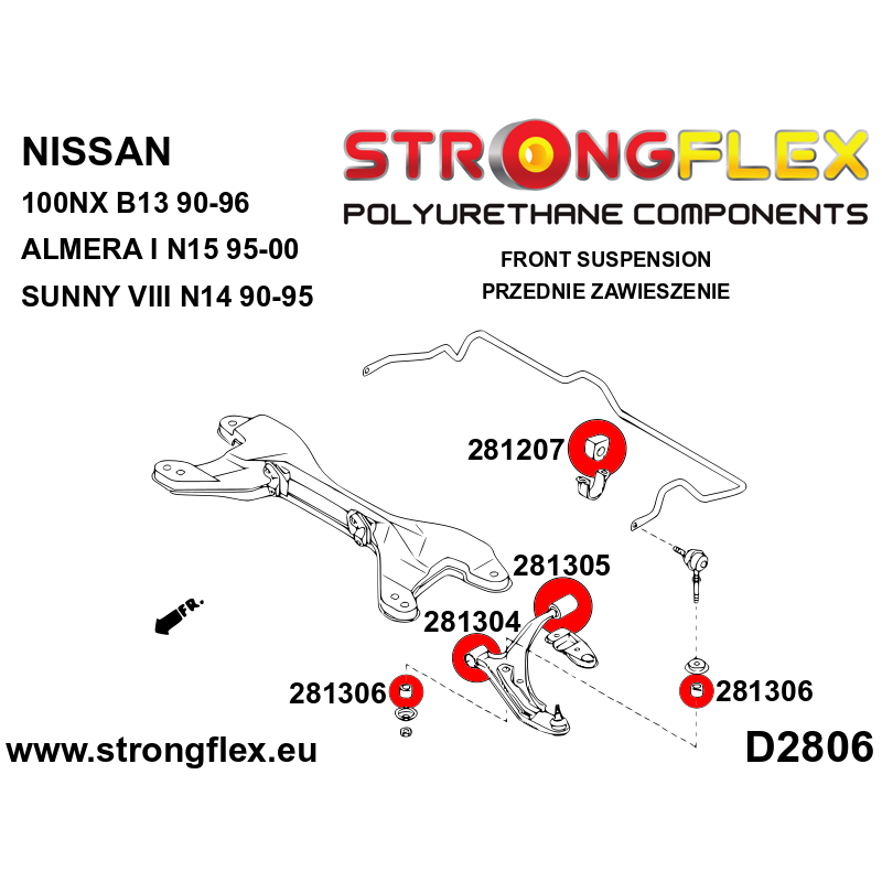 STRONGFLEX|281305B: Front wishbone rear bush Nissan 100NX 90-96 B13 Almera I 95-00 N15 Sunny/Pulsar Sentra Sabre VIII 90-95 N14