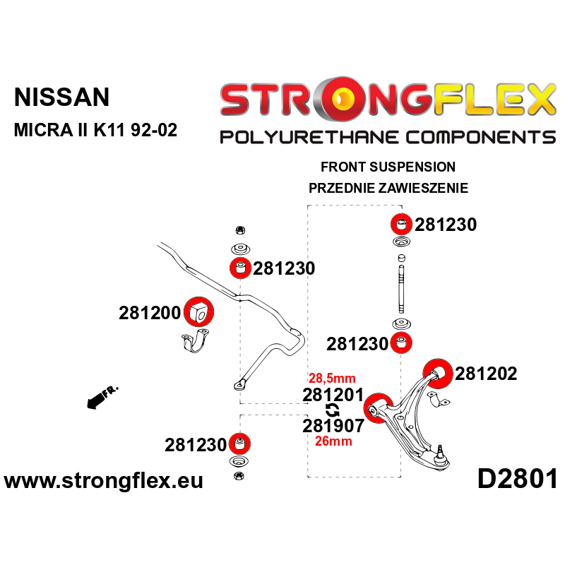 STRONGFLEX|281202A: Front wishbone rear bush SPORT Nissan Micra II 92-02 K11